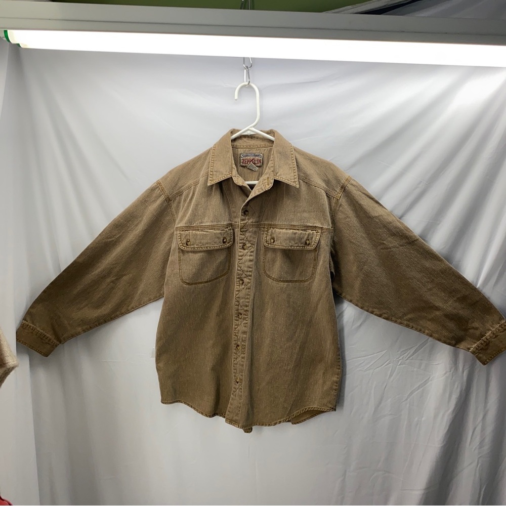 Vintage Zeppelin Size M Branded 100% Cotton Button Down Light Brown Denim Shirt